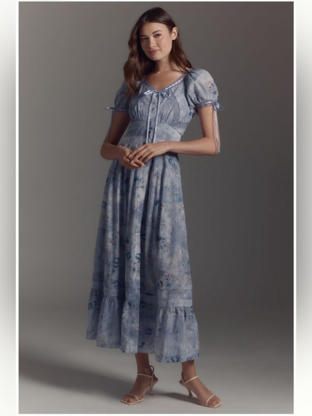 💋Anthropologie Dusty Blue Floral Puff-Sleeve Maxi Dress